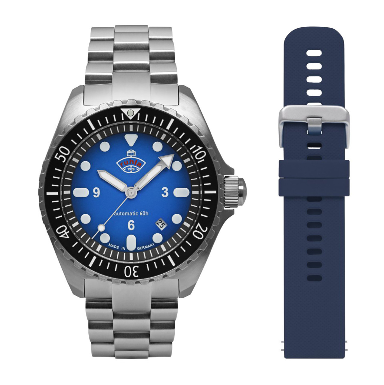 HAU, Ruhla 1929 Minentaucher DIVER Cal. 8315 Set MB+SB blue 21 jewels, PR 60h, Steelcase water resistant 10atm, Sapphire crystal